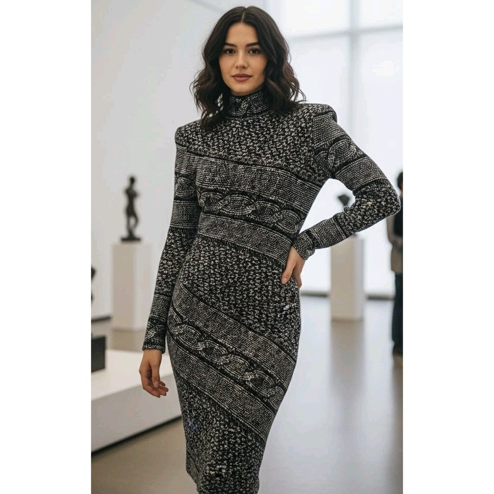 Vintage Y2K Cache Sweater Dress Small Gray High Neck Ruched Side Midi
